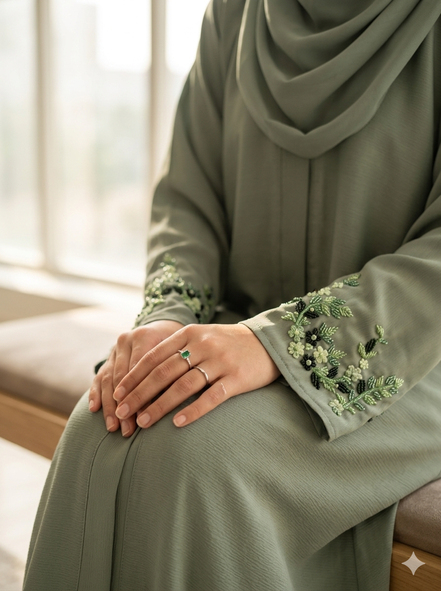 Premium Sage Green Embroidered Open Abaya –  AARI
