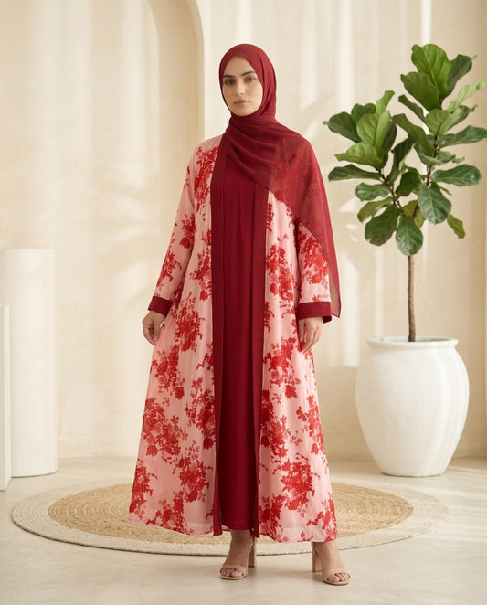 Rose Floral Print Open Abaya with Burgundy Inner & Matching Hijab | Alvira