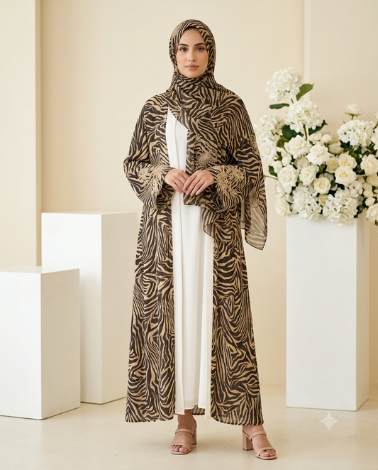 Zebra Print Open Abaya & Matching Hijab | Alvira