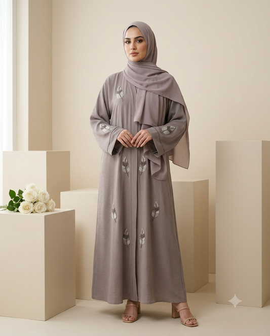 Premium Taupe Grey Leaf Embroidered Abaya with Matching Chiffon Hijab - JANNAT