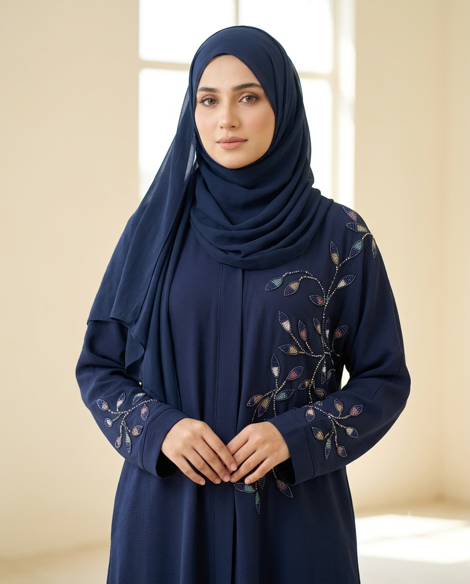 Premium Navy Blue Embroidered Abaya with Matching Korean Chiffon Hijab |  BLUE ECLISE