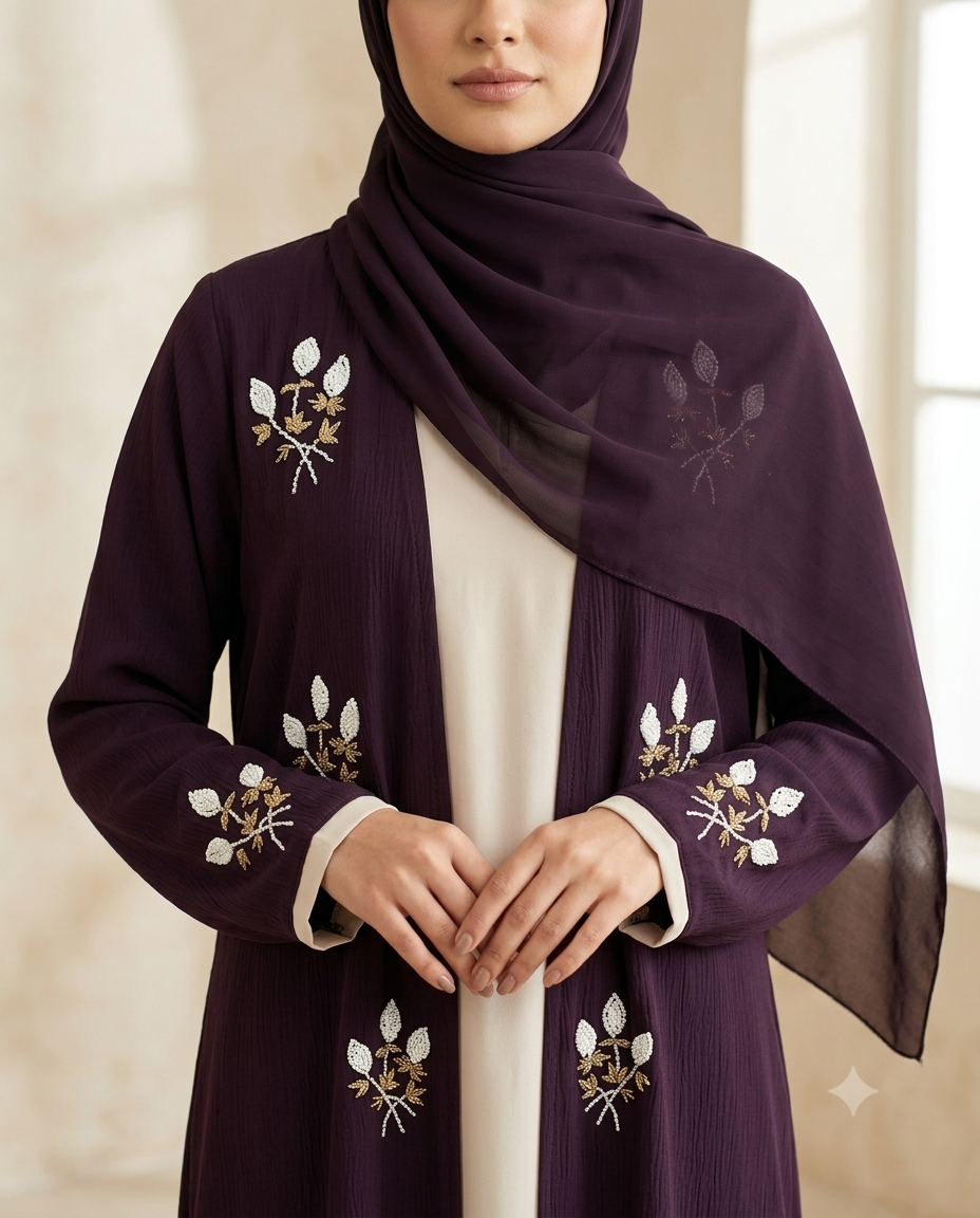 Alvira Luxury Plum Embroidered Open Front Abaya-  NAURATTAN