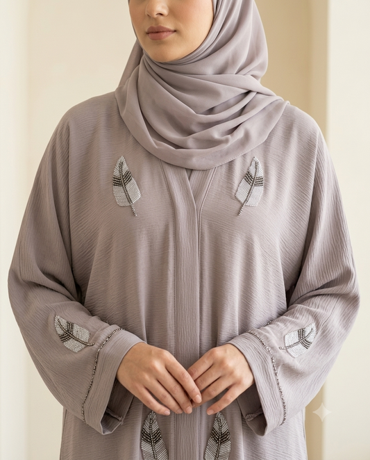 Premium Taupe Grey Leaf Embroidered Abaya with Matching Chiffon Hijab - JANNAT