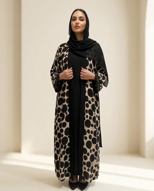 Polka Dot Print Open Abaya with Lace Cuffs, Black Inner & Hijab | Alvira
