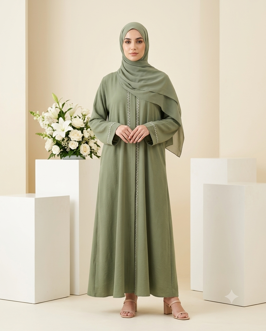 Olive Green Abaya in Romantic Nida Fabric | ZIGZAG