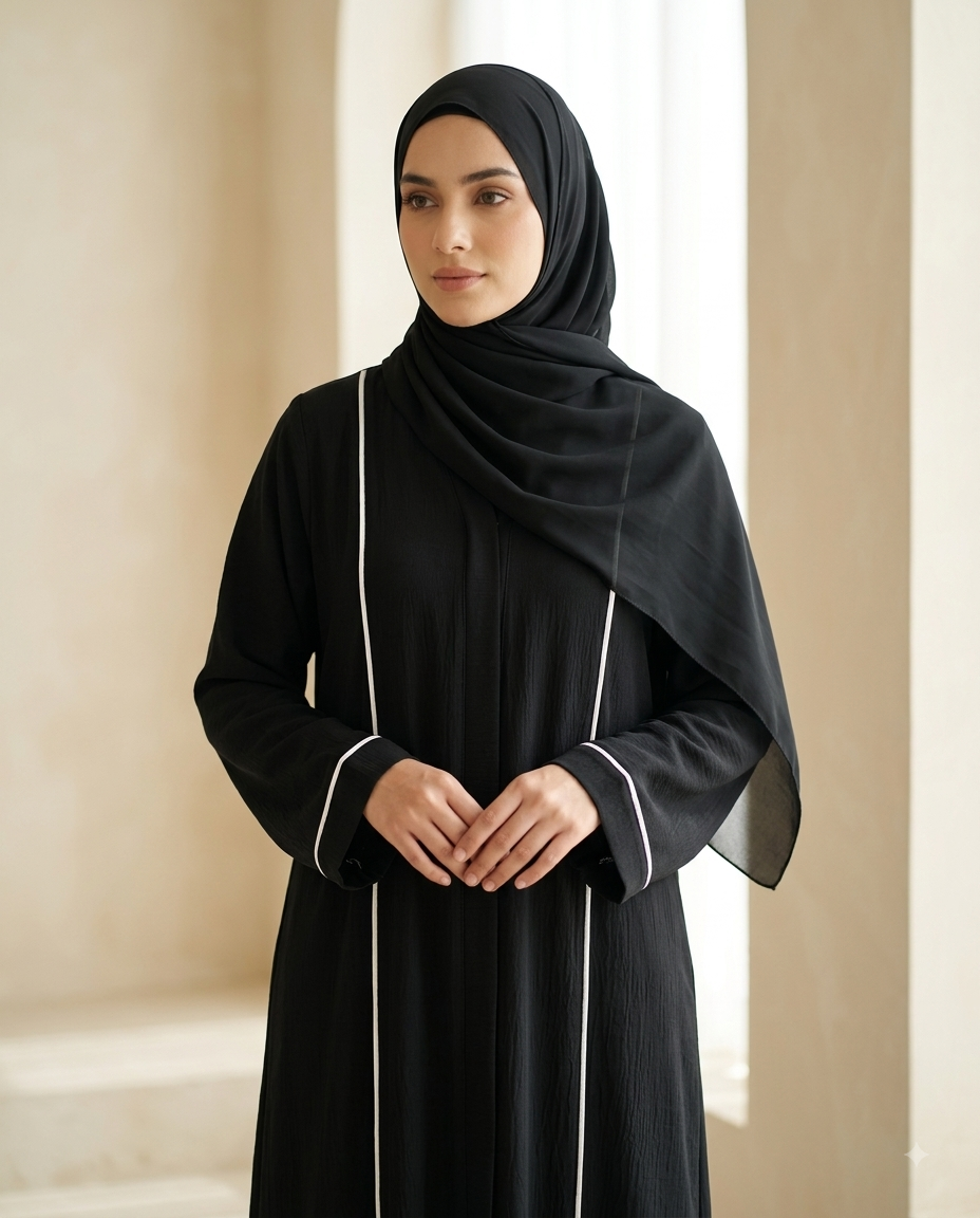 Black Open Abaya with White Piping Trim & Textured Fabric |  CY MIST