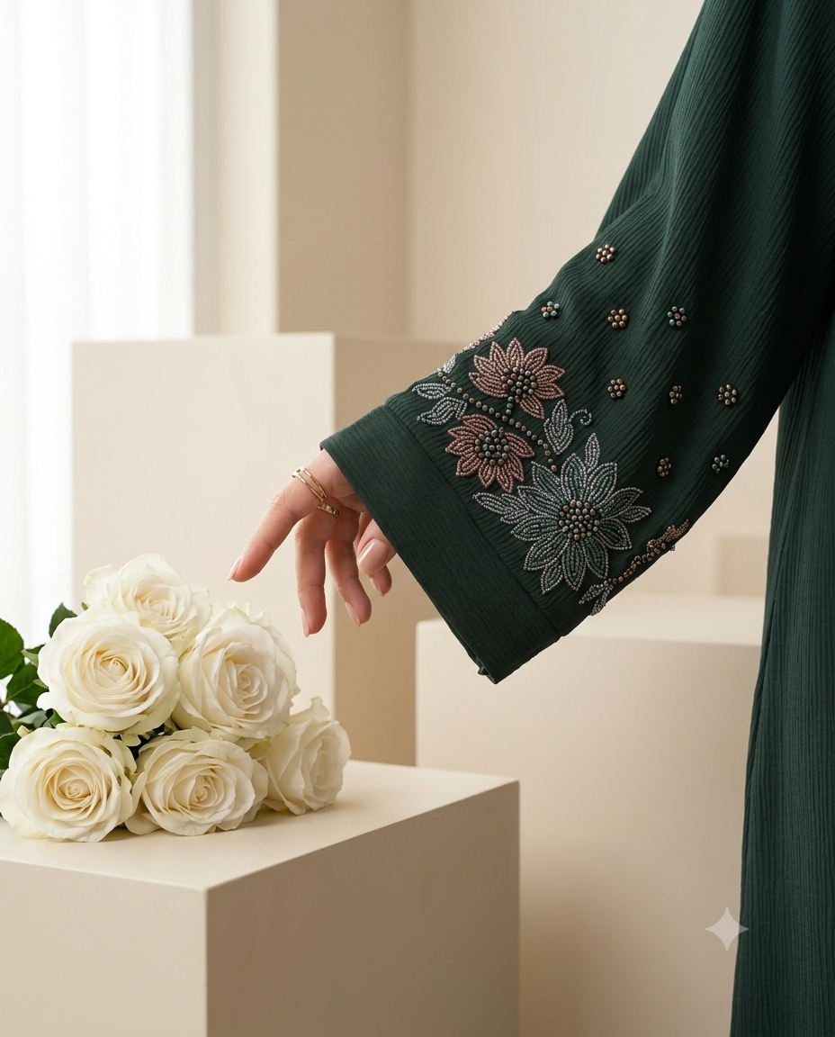 Dark Teal Embroidered Korean Krinkle Abaya with Matching Hijab- SALABIL