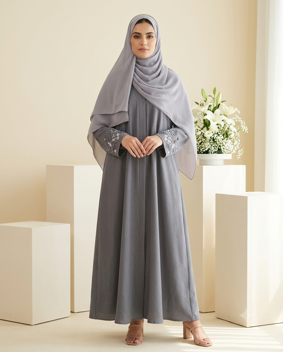 Grey Embroidered Abaya- AARI W