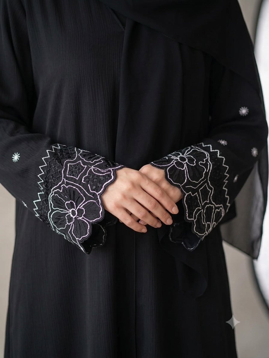 Black Embroidered Abaya- LOTUS BLOOM