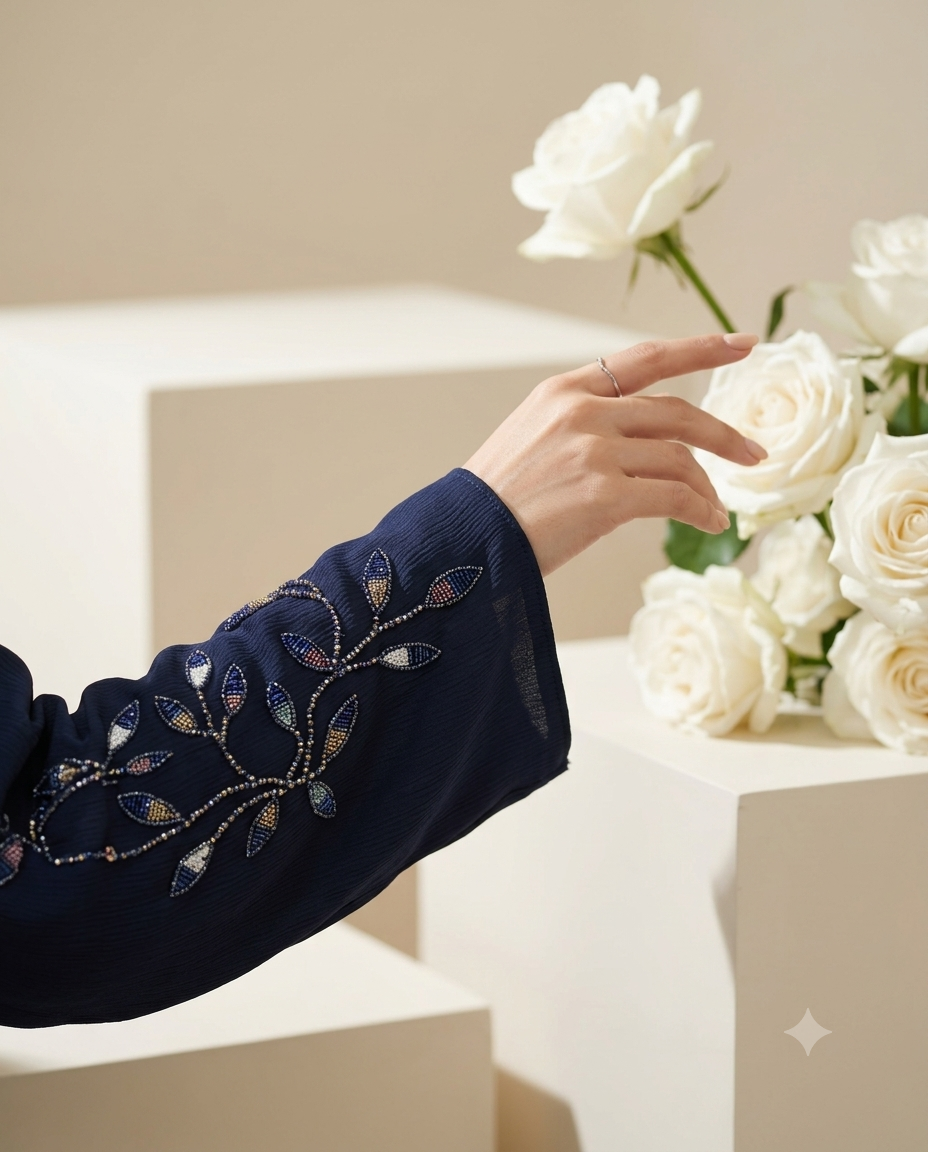Premium Navy Blue Embroidered Abaya with Matching Korean Chiffon Hijab |  BLUE ECLISE