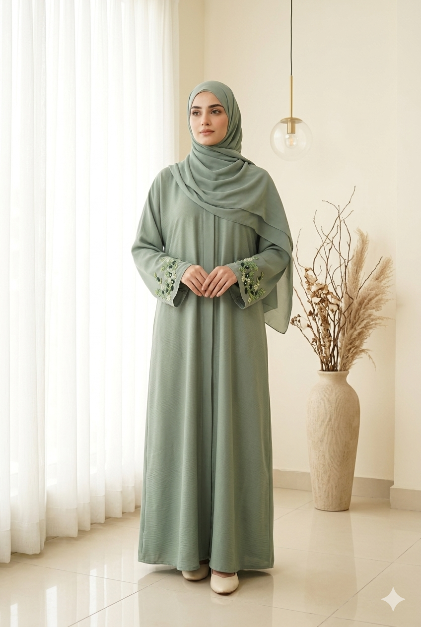 Premium Sage Green Embroidered Open Abaya –  AARI