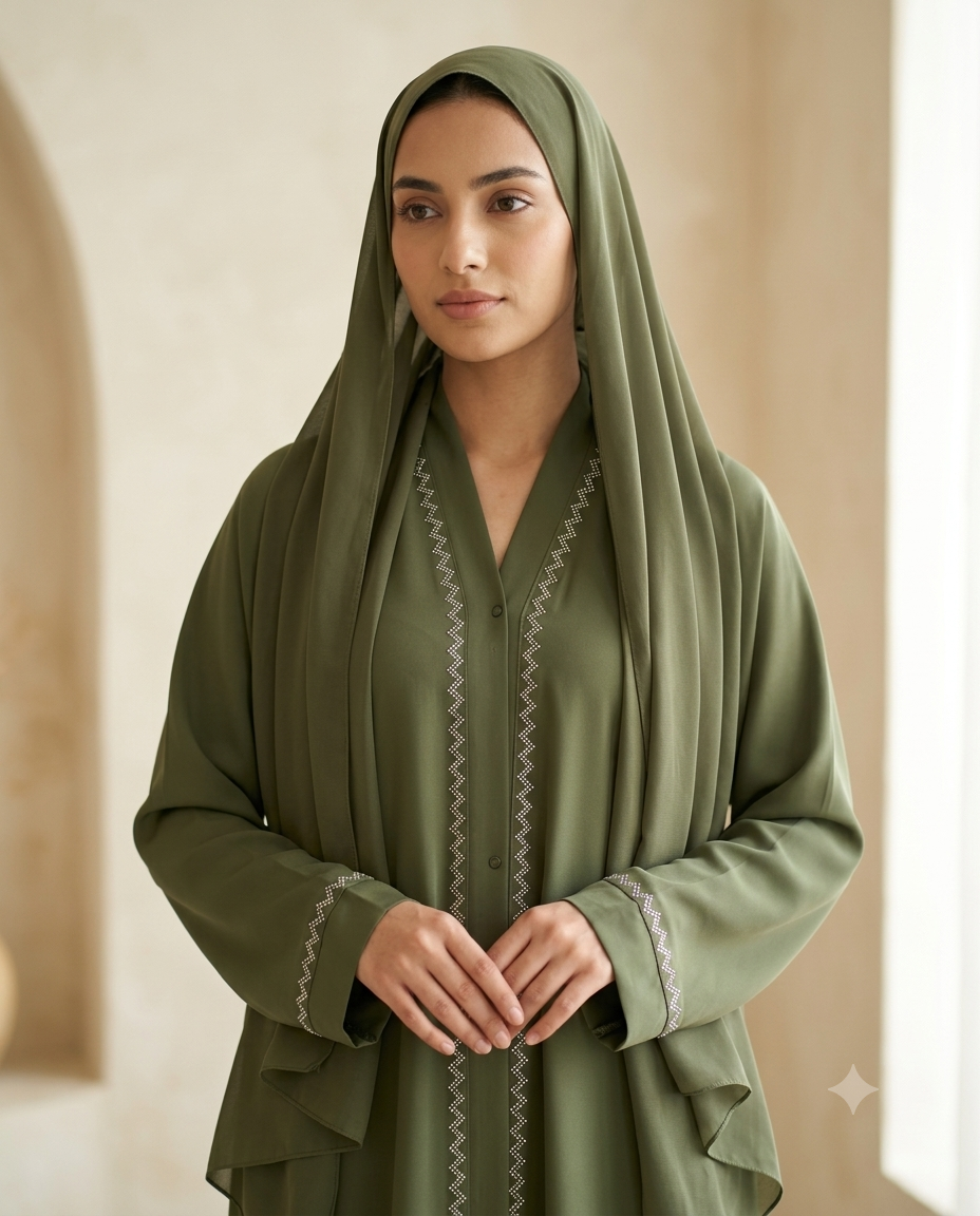 Olive Green Abaya in Romantic Nida Fabric | ZIGZAG