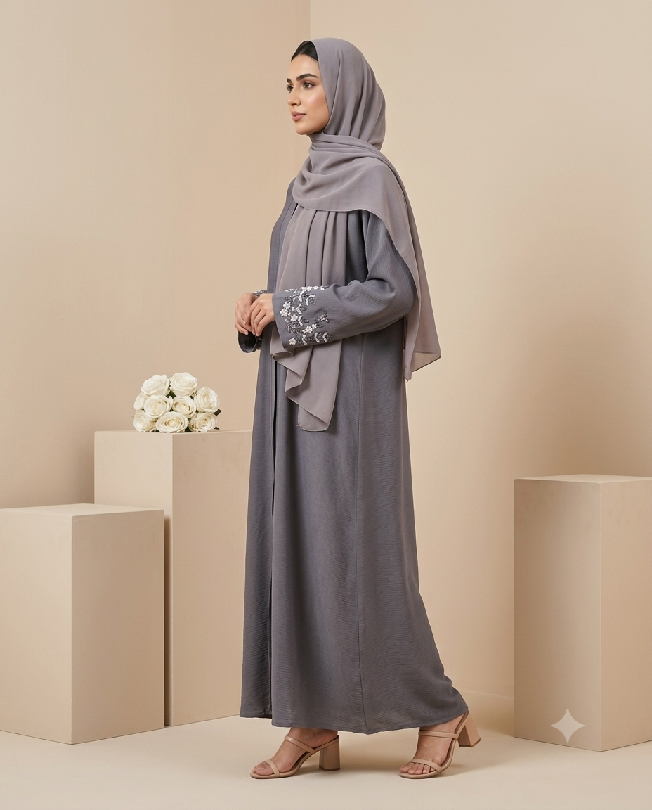 Grey Embroidered Abaya- AARI W