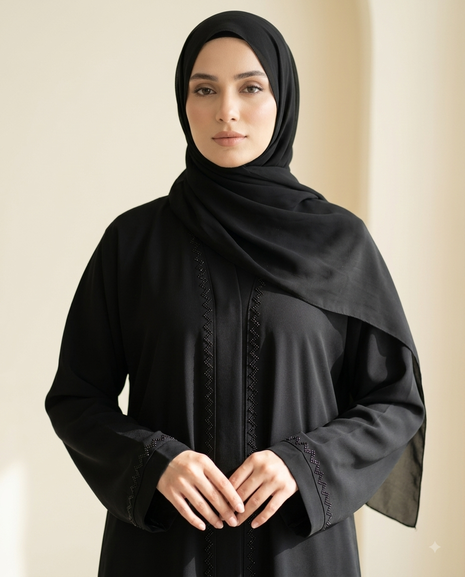 Black Open Abaya with Crystal Zigzag Front & Cuff Trim | Alvira