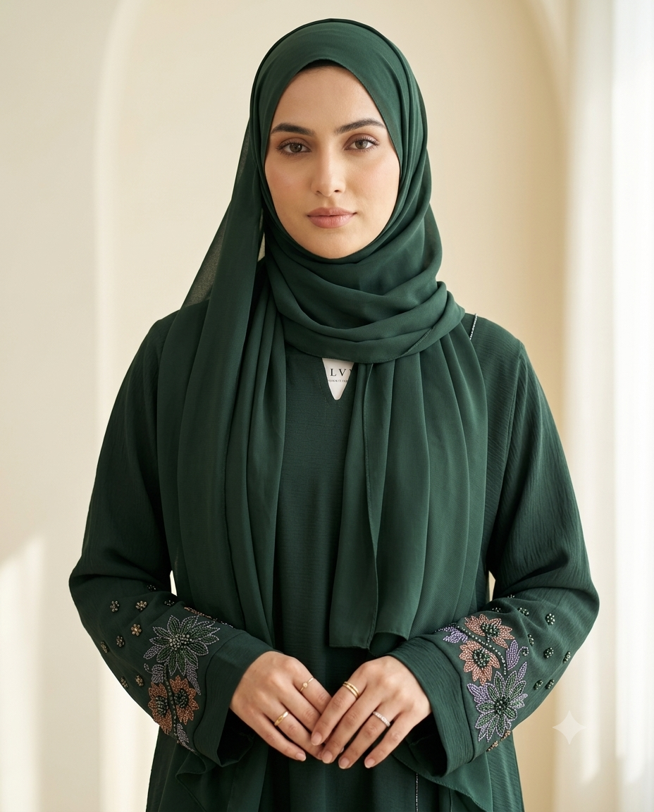 Dark Teal Embroidered Korean Krinkle Abaya with Matching Hijab- SALABIL