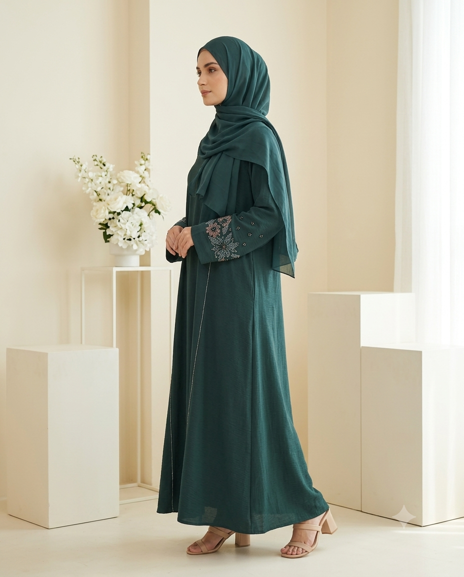 Dark Teal Embroidered Korean Krinkle Abaya with Matching Hijab- SALABIL