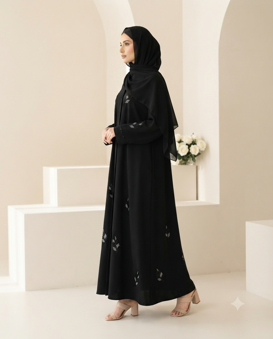 Black Leaf Embroidered Abaya – Nida Fabric | Jannat