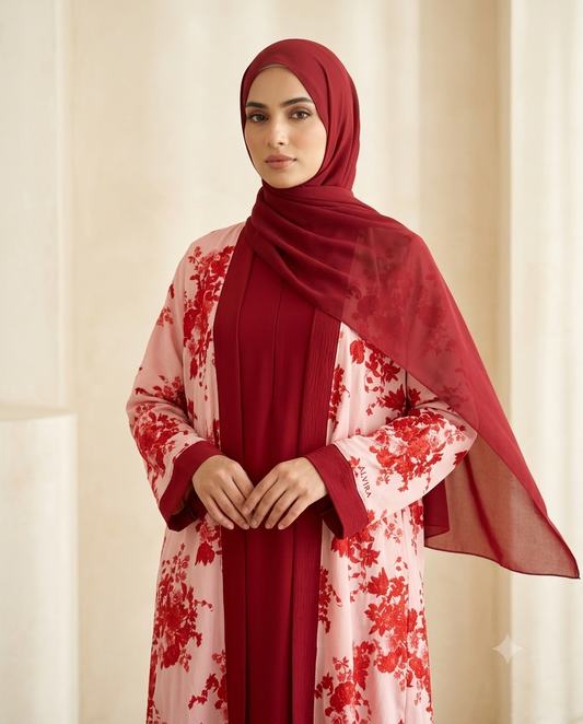 Rose Floral Print Open Abaya with Burgundy Inner & Matching Hijab | Alvira