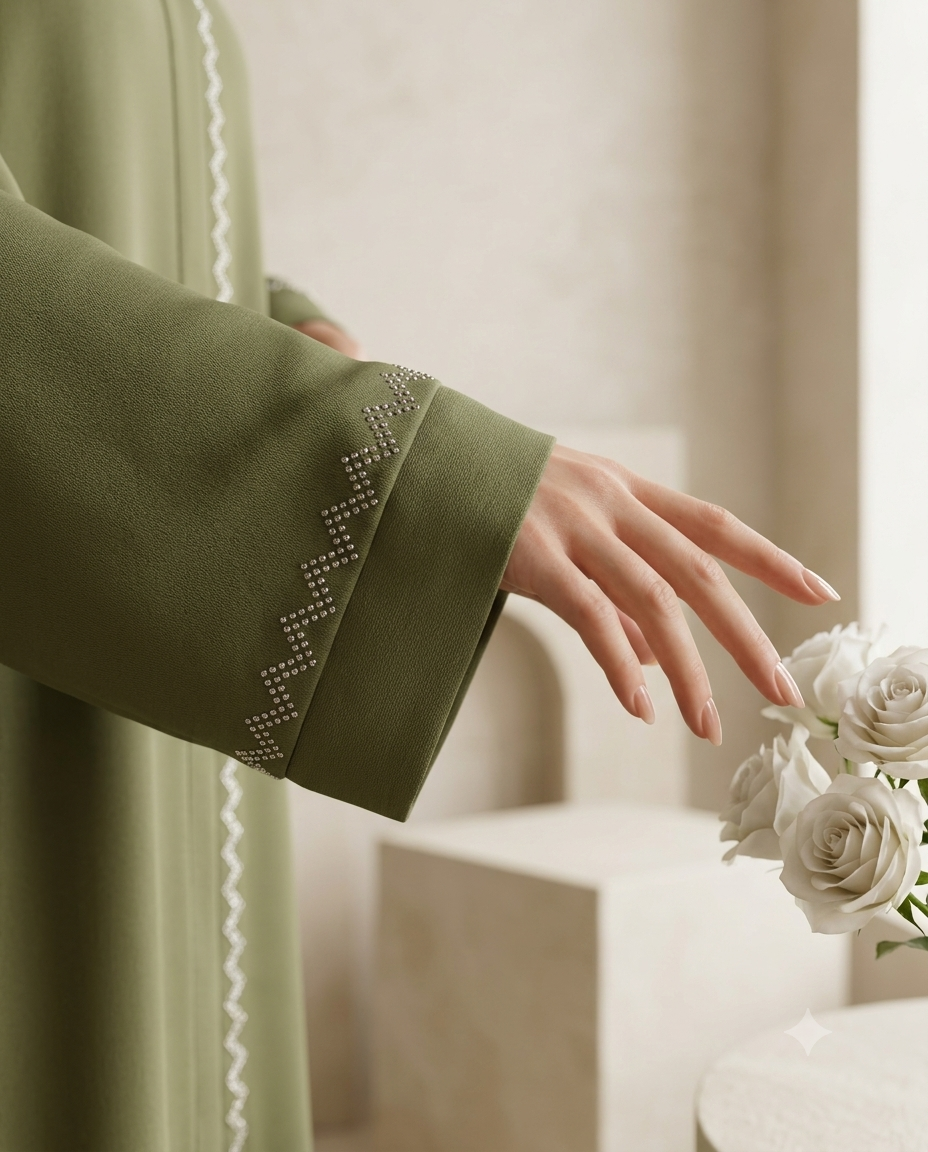 Olive Green Abaya in Romantic Nida Fabric | ZIGZAG