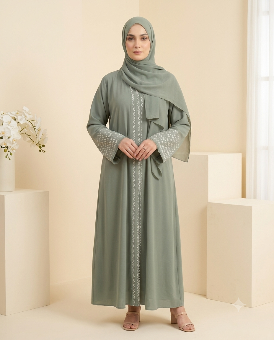 Alvira Premium Sage Green Embroidered Abaya- LEMAL