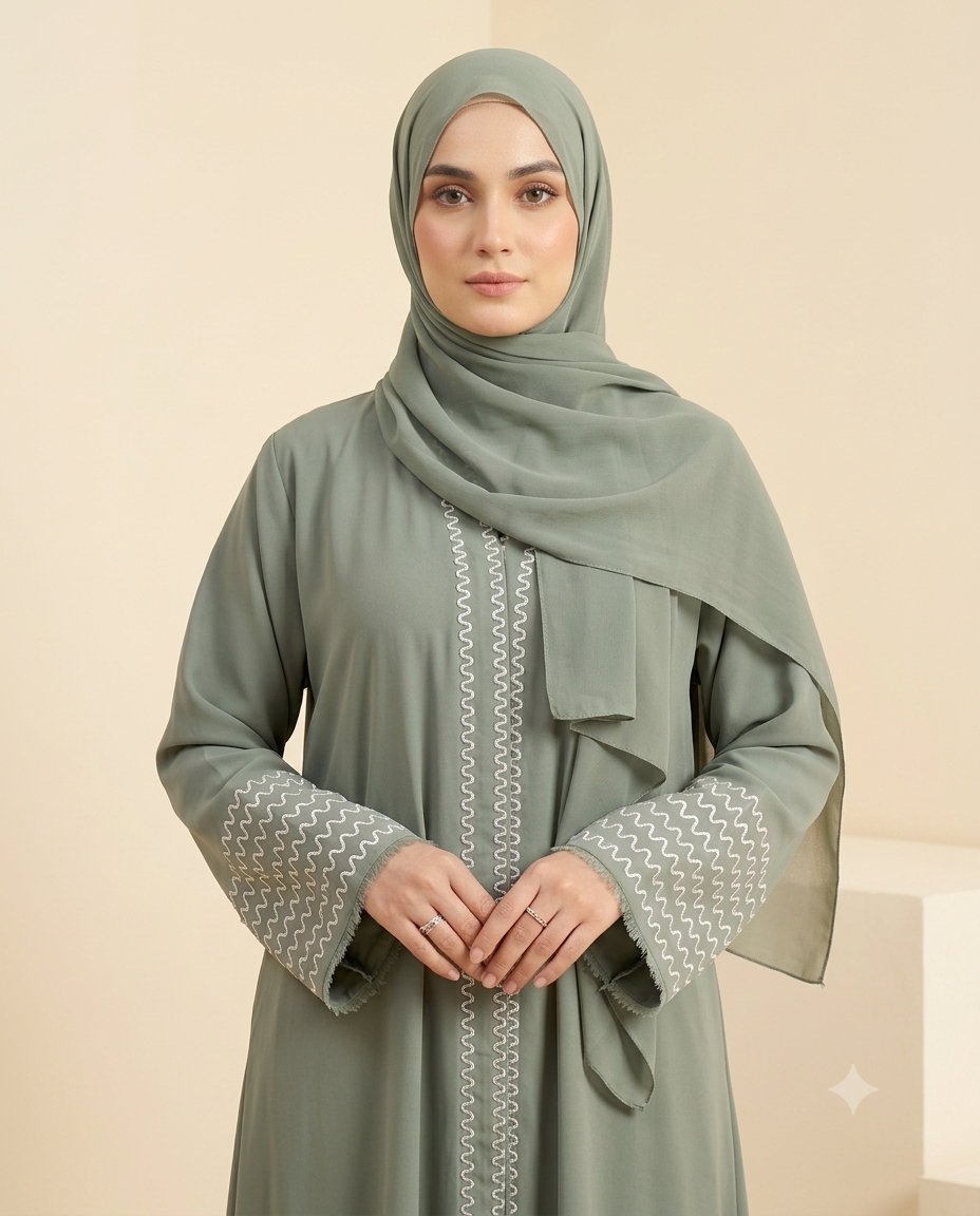 Alvira Premium Sage Green Embroidered Abaya- LEMAL