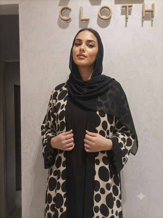 Polka Dot Print Open Abaya with Lace Cuffs, Black Inner & Hijab | Alvira