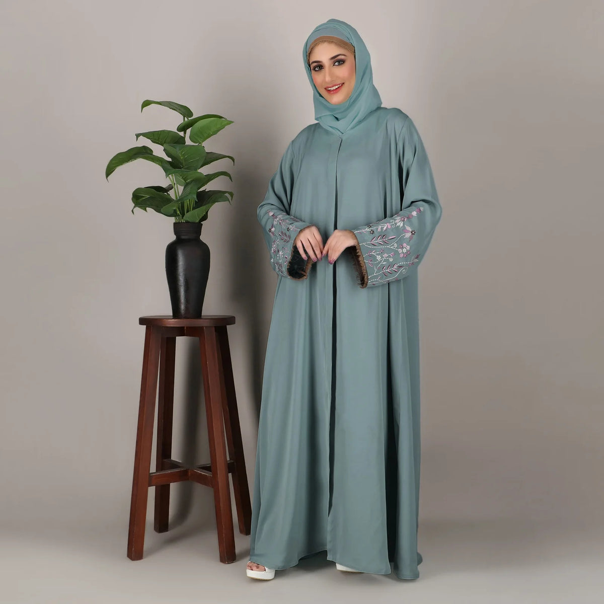 Premium Dusty Teal Embroidered Open Abaya - AFROZEH