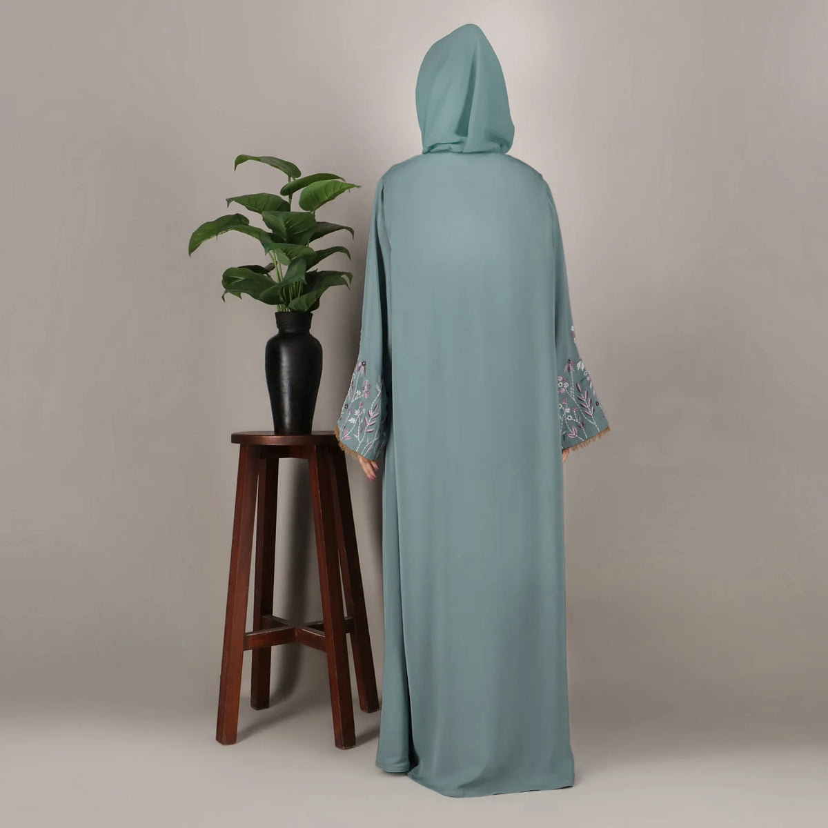 Premium Dusty Teal Embroidered Open Abaya - AFROZEH