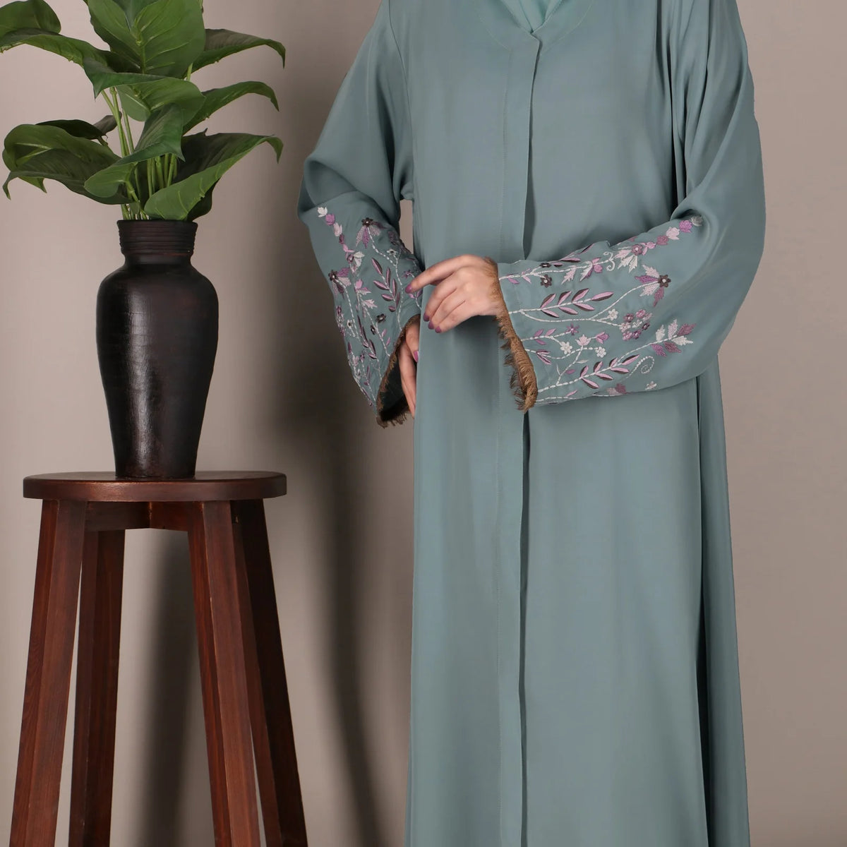 Premium Dusty Teal Embroidered Open Abaya - AFROZEH