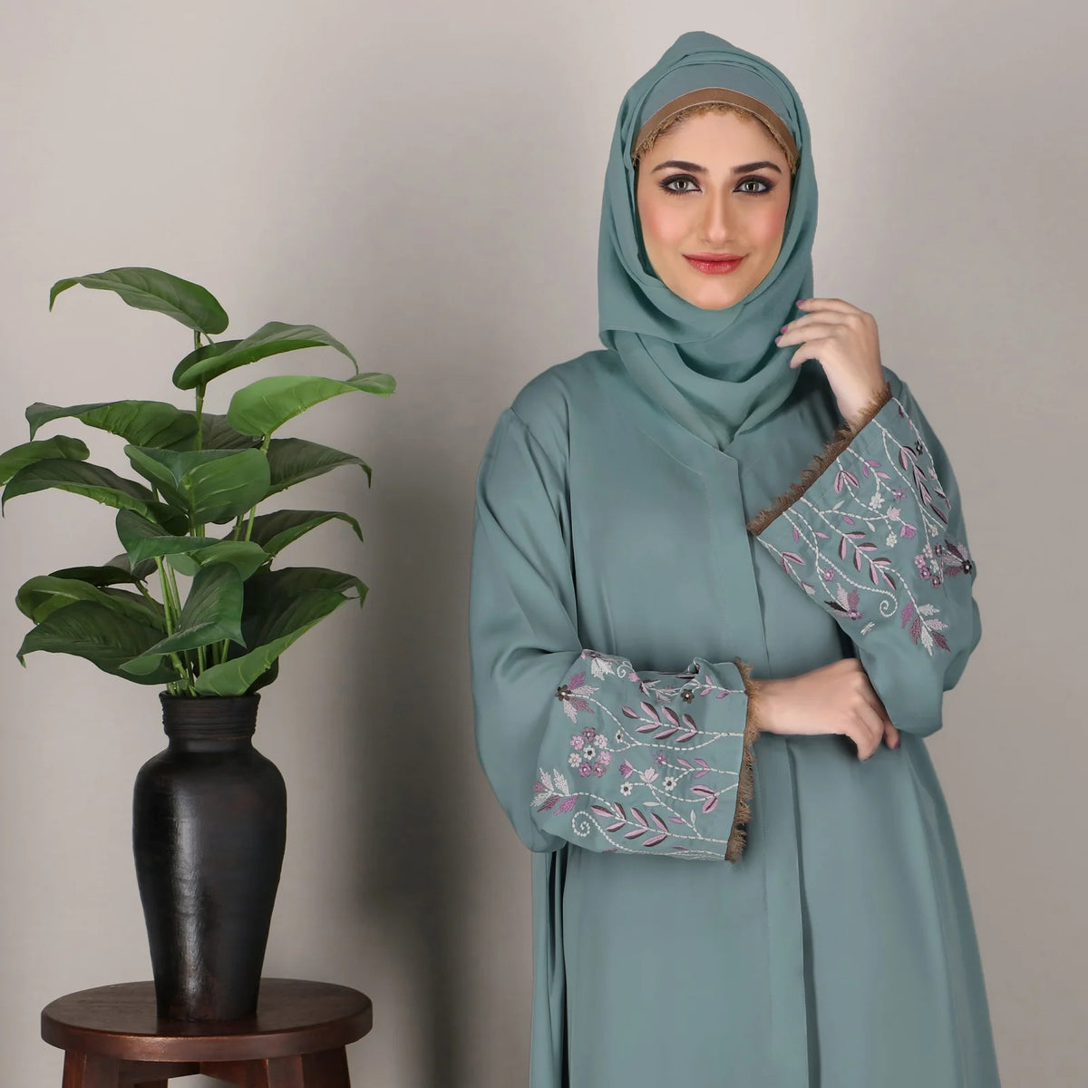Premium Dusty Teal Embroidered Open Abaya - AFROZEH