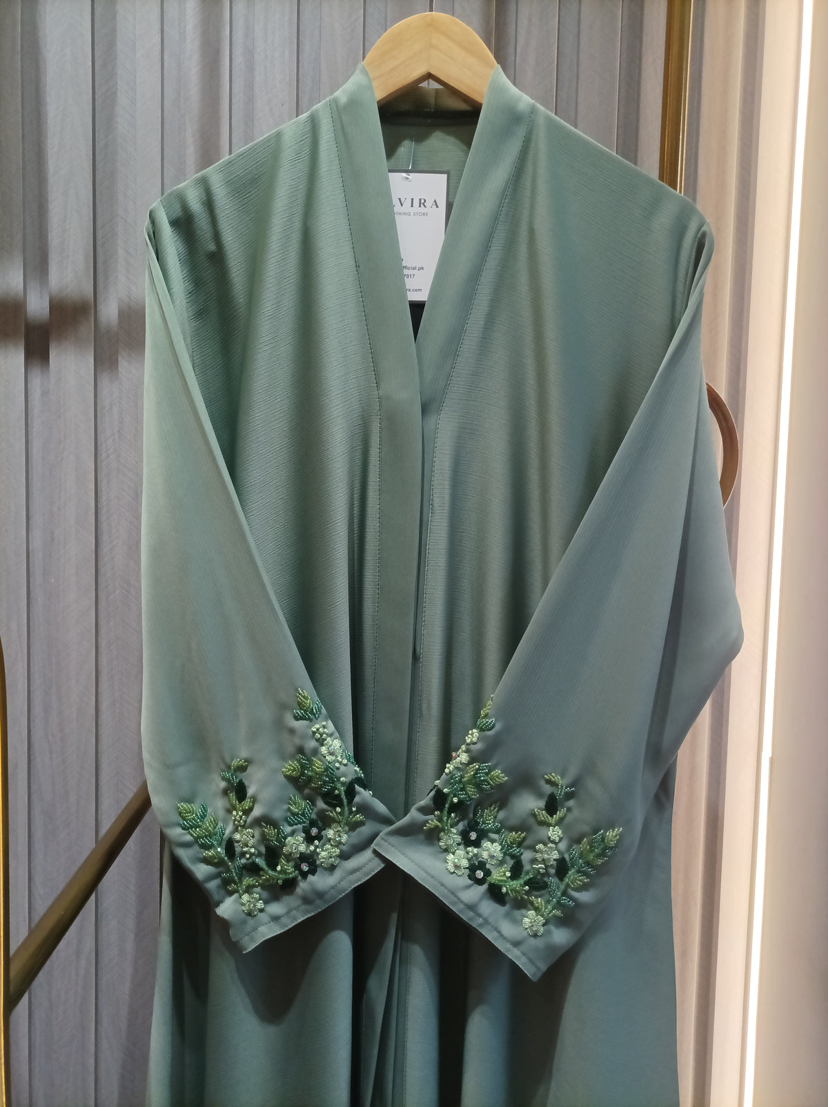 Premium Sage Green Embroidered Open Abaya –  AARI