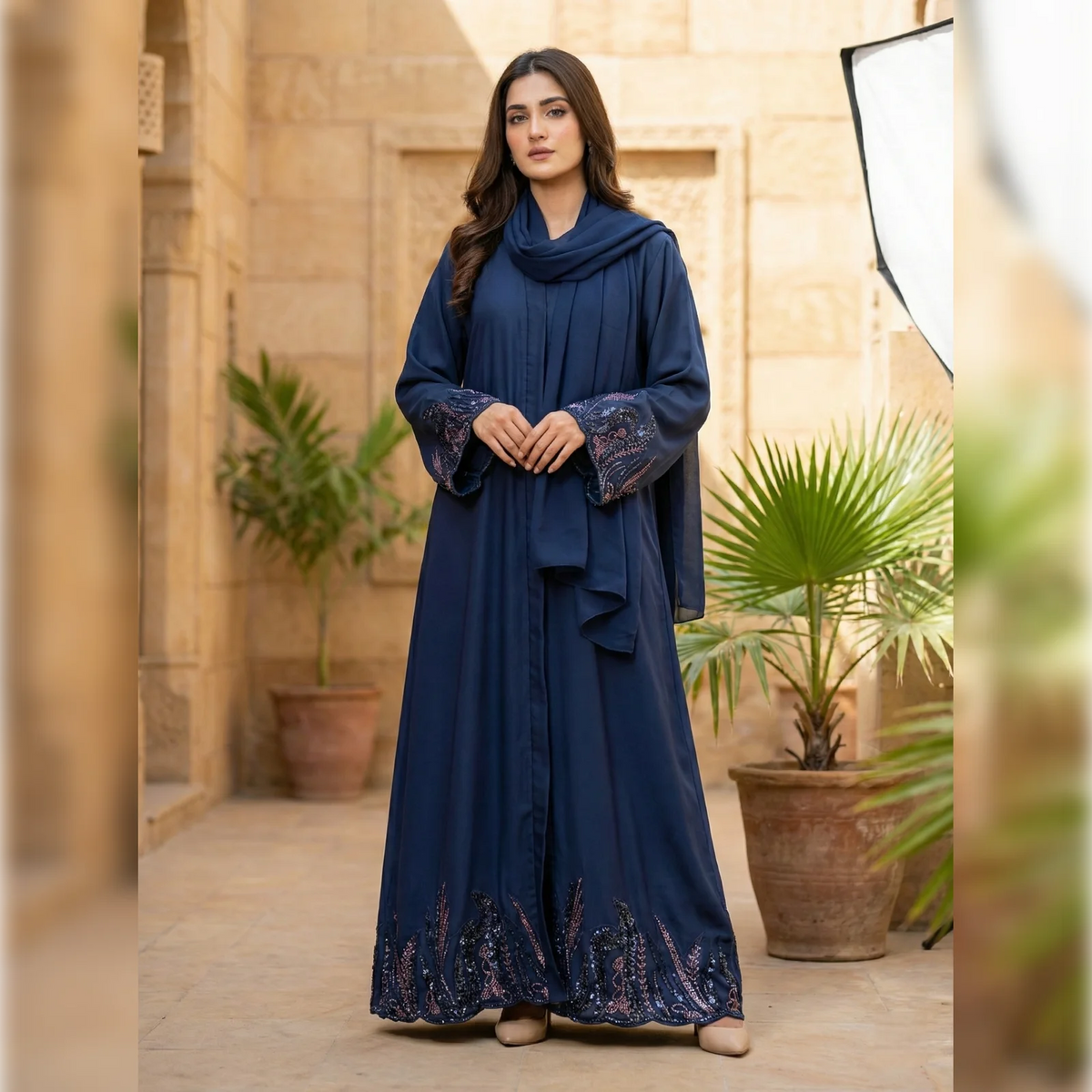 Premium Navy Blue Embroidered Open Abaya- MISHKA