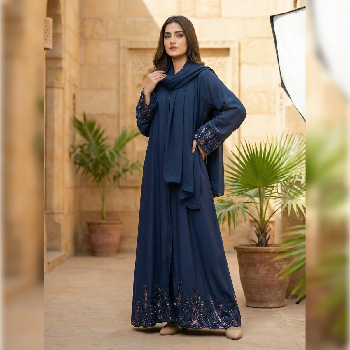 Premium Navy Blue Embroidered Open Abaya- MISHKA