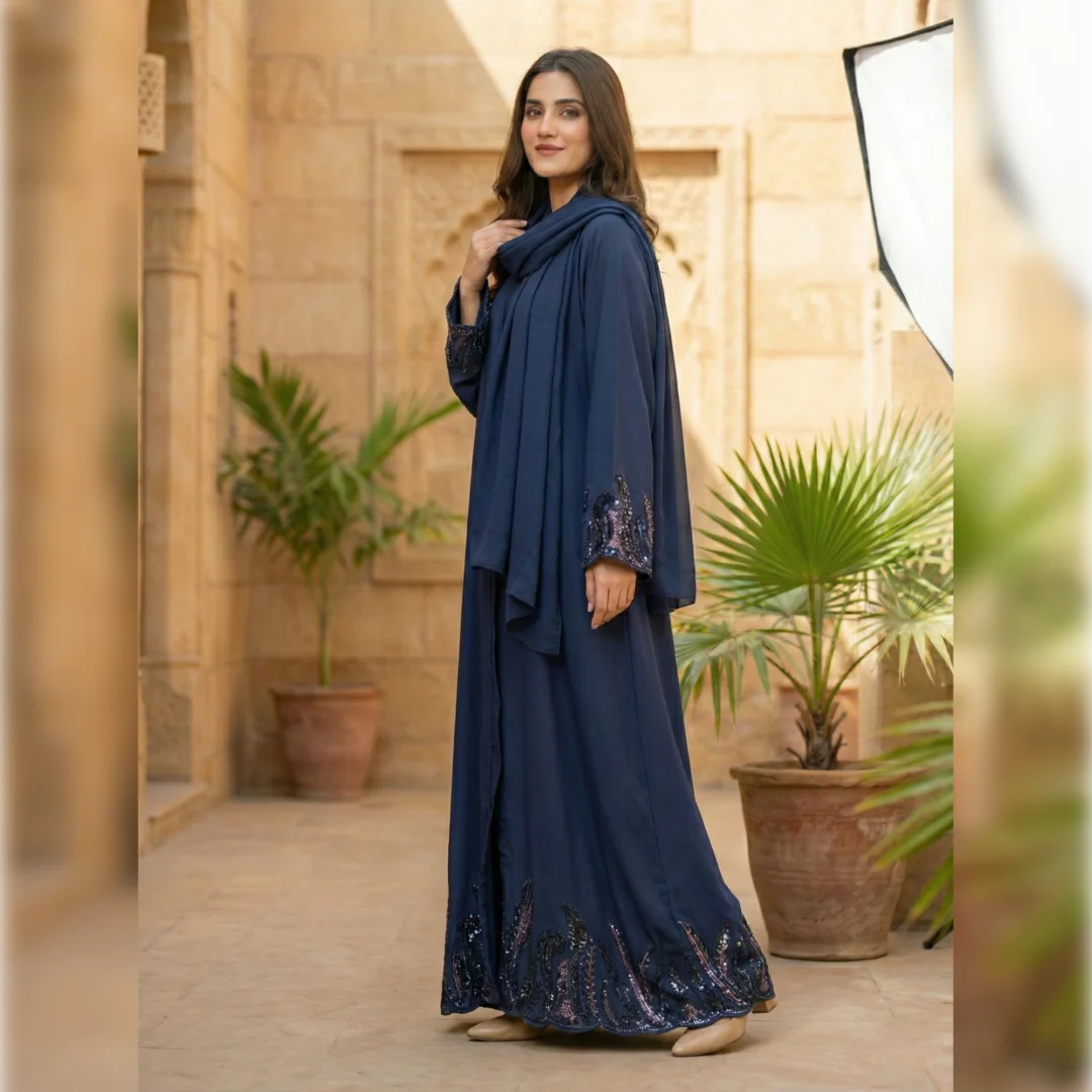 Premium Navy Blue Embroidered Open Abaya- MISHKA