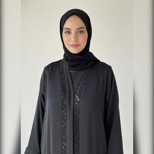 Najma Black Embroidered Open Abaya | Premium Modest Wear
