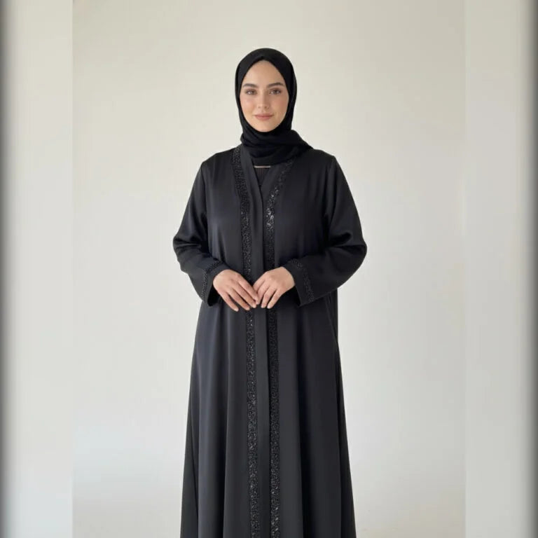 Najma Black Embroidered Open Abaya | Premium Modest Wear
