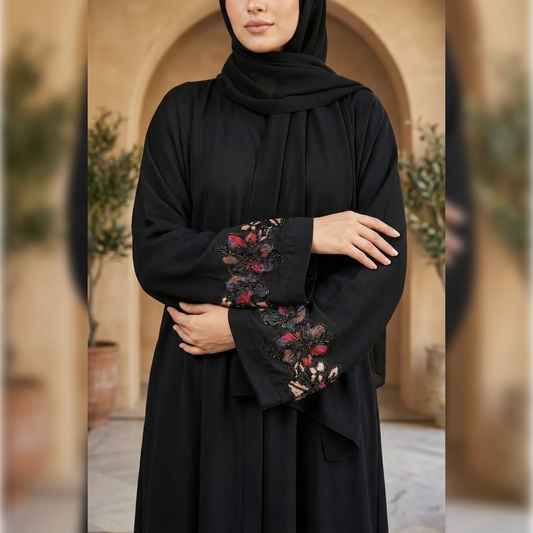 Premium Black Floral Embroidered Abaya- NOIR PETAL