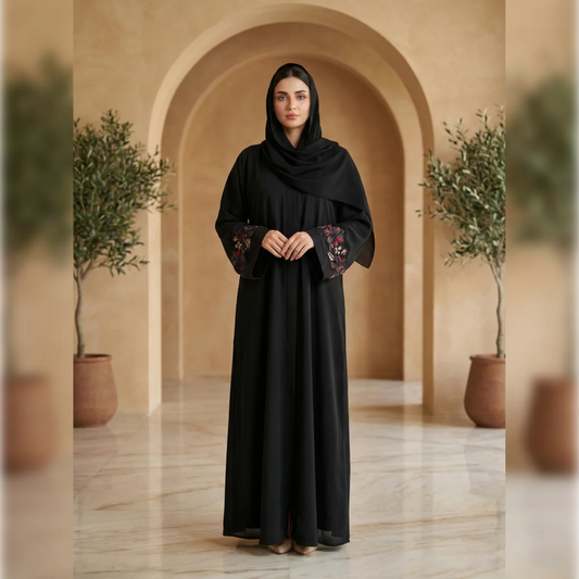 Premium Black Floral Embroidered Abaya- NOIR PETAL