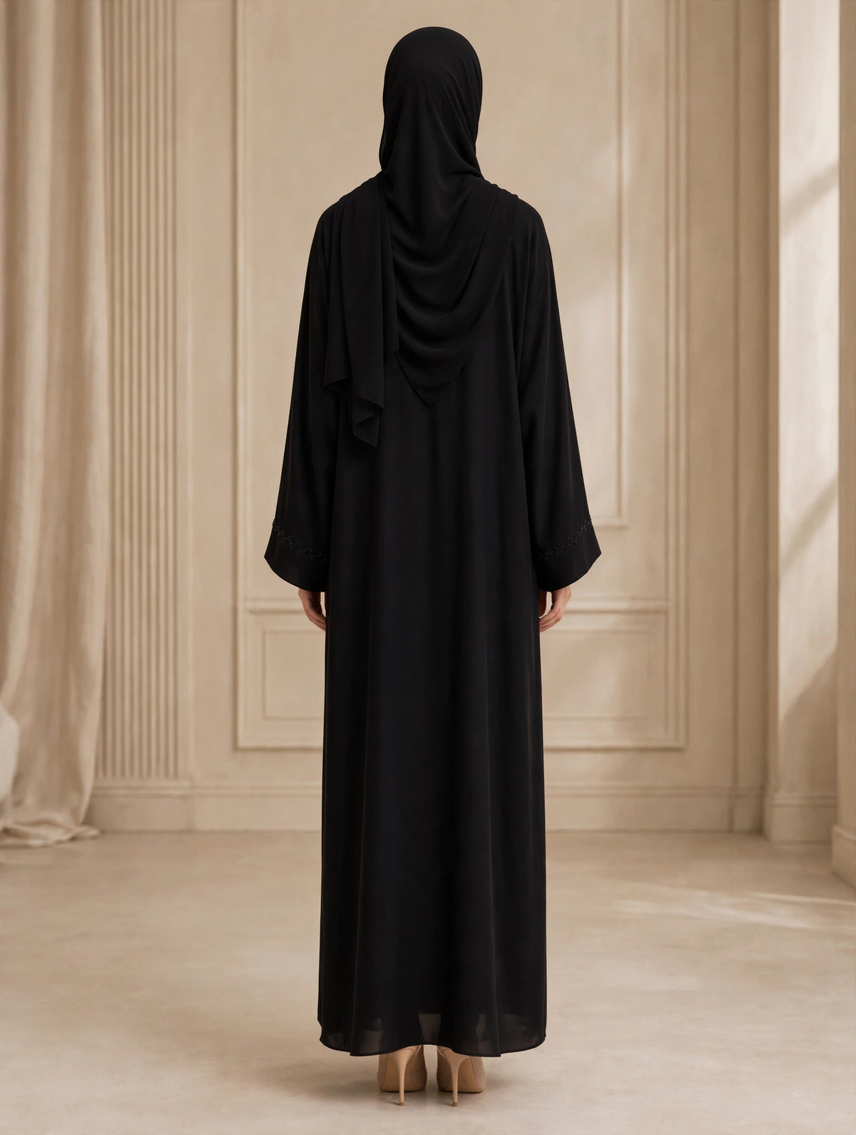 Black Open Abaya with Crystal Zigzag Front & Cuff Trim | Alvira