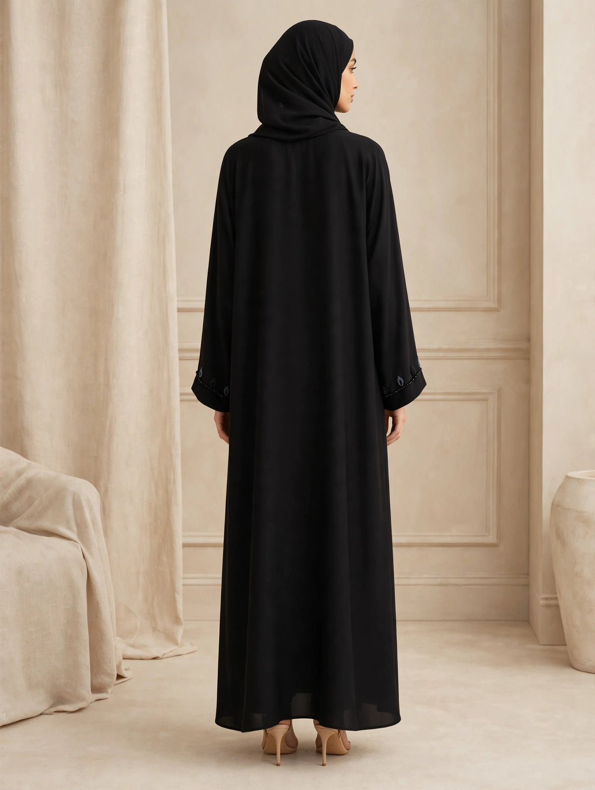 Black Open Abaya with Blue Floral Leaf Embroidery & Beaded Side Panel | Alvira