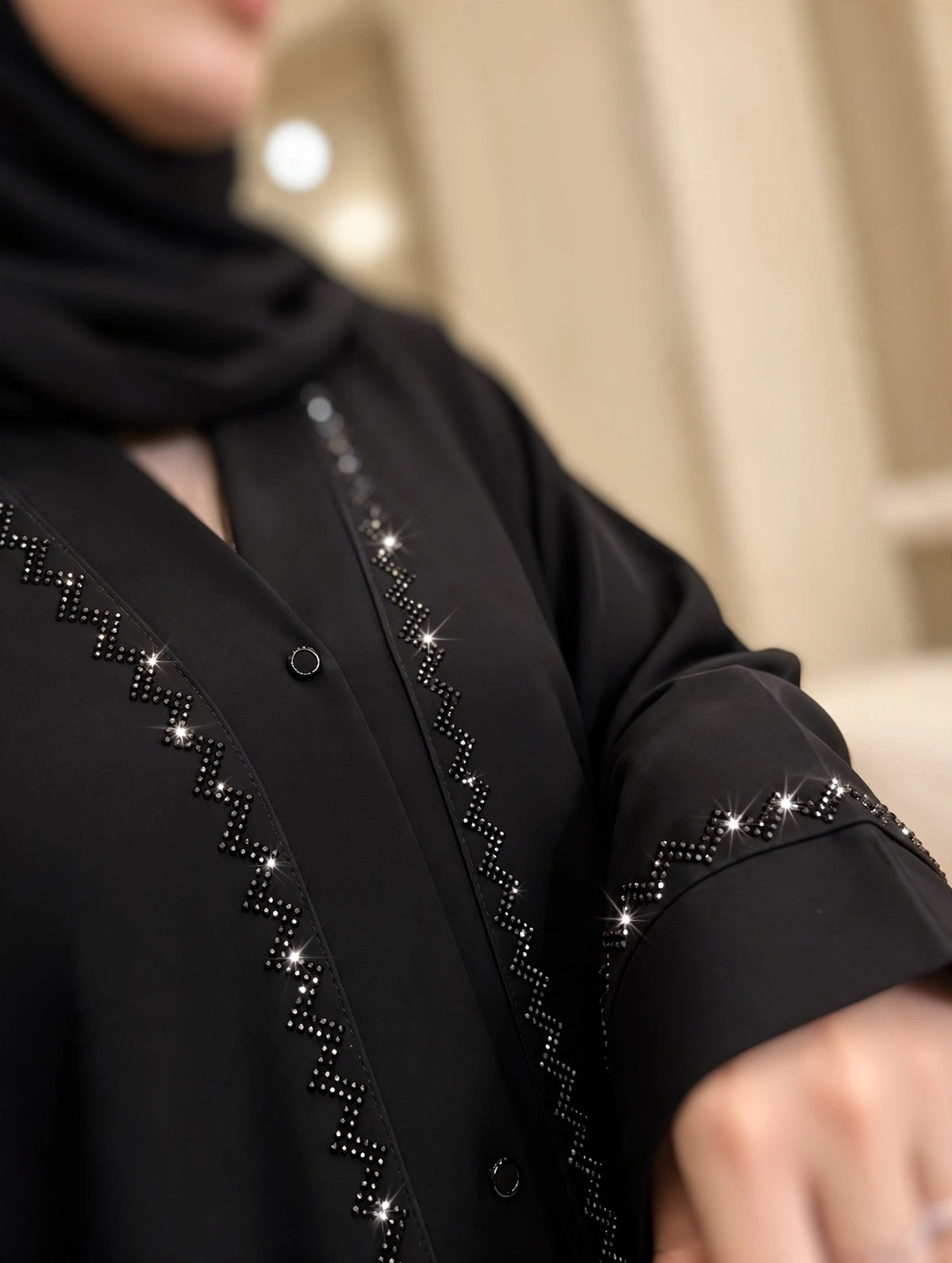 Black Open Abaya with Crystal Zigzag Front & Cuff Trim | Alvira