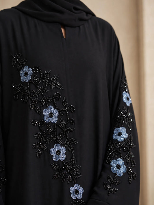 Black Closed Abaya with Blue Floral Beaded Sleeve Embroidery | LAYLA