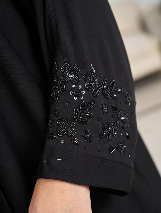 Premium Black Embroidered Abaya with Beaded Floral Detail | ZOHA