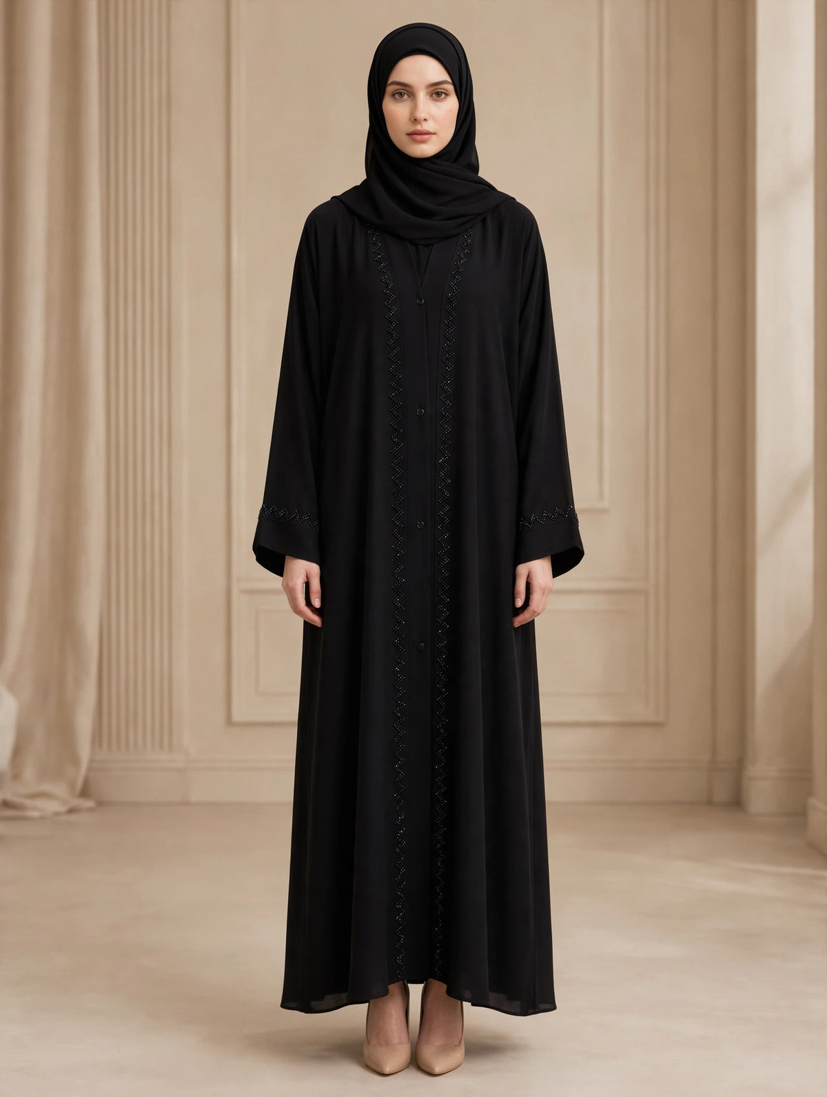 Black Open Abaya with Crystal Zigzag Front & Cuff Trim | Alvira