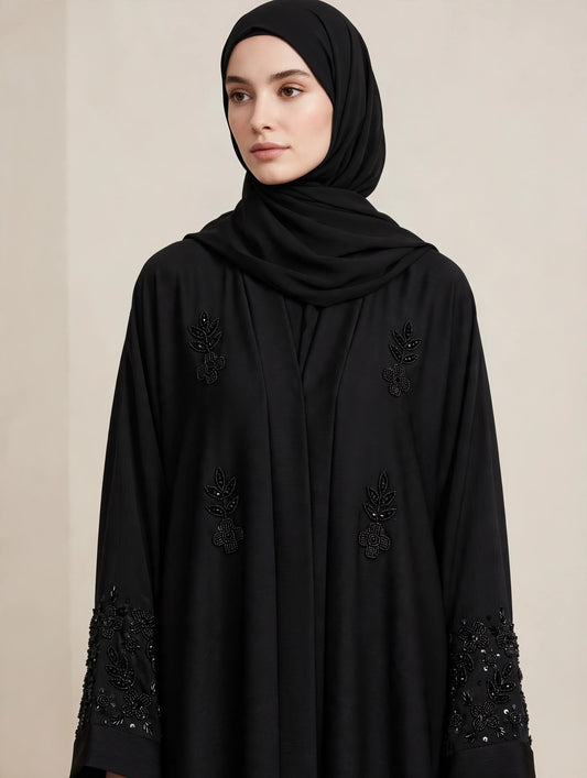 Premium Black Embroidered Abaya with Beaded Floral Detail | ZOHA