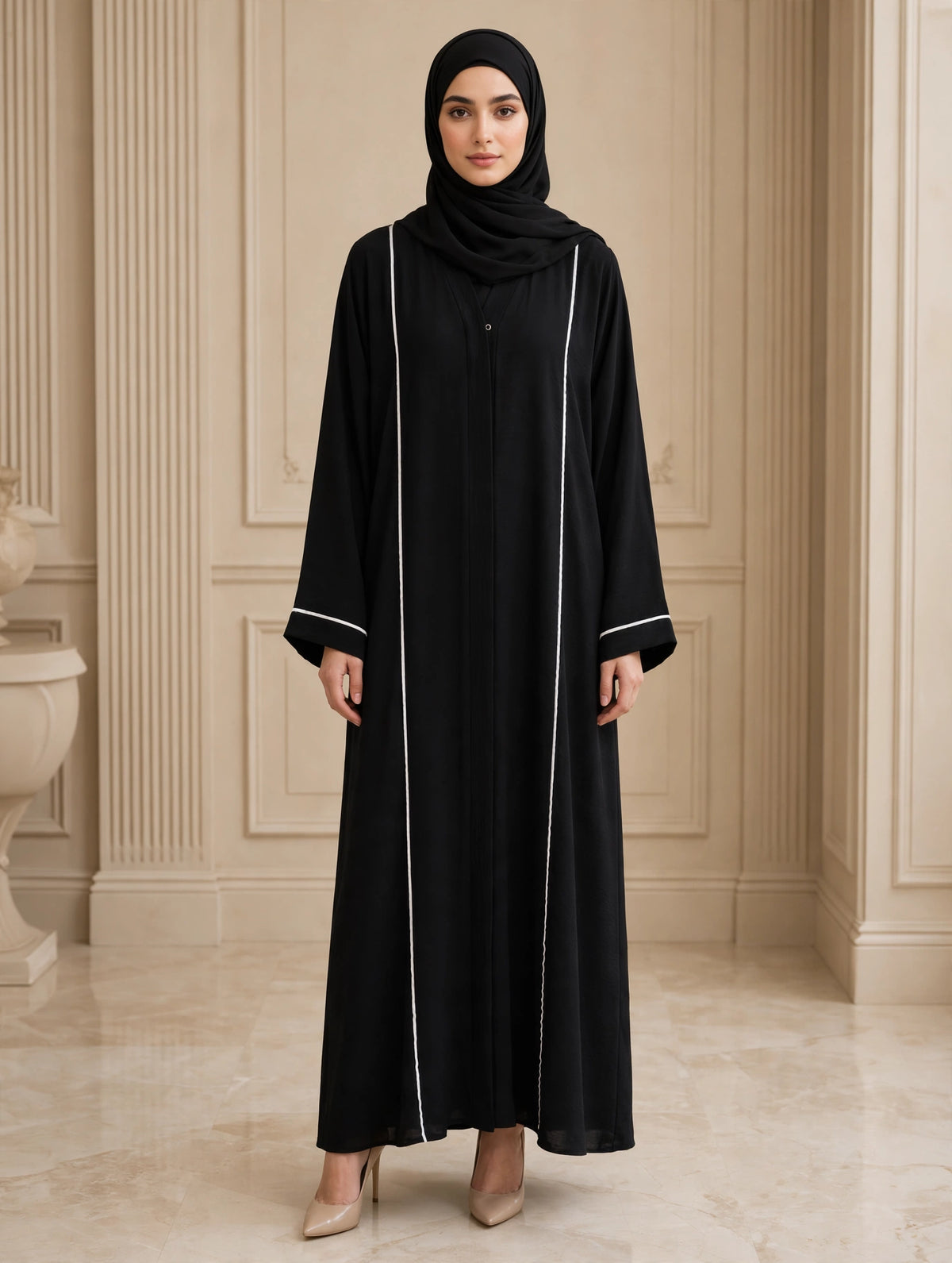 Black Open Abaya with White Piping Trim & Textured Fabric |  CY MIST