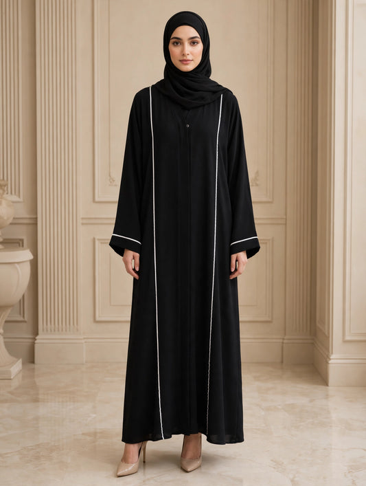 Black Open Abaya with White Piping Trim & Textured Fabric |  CY MIST