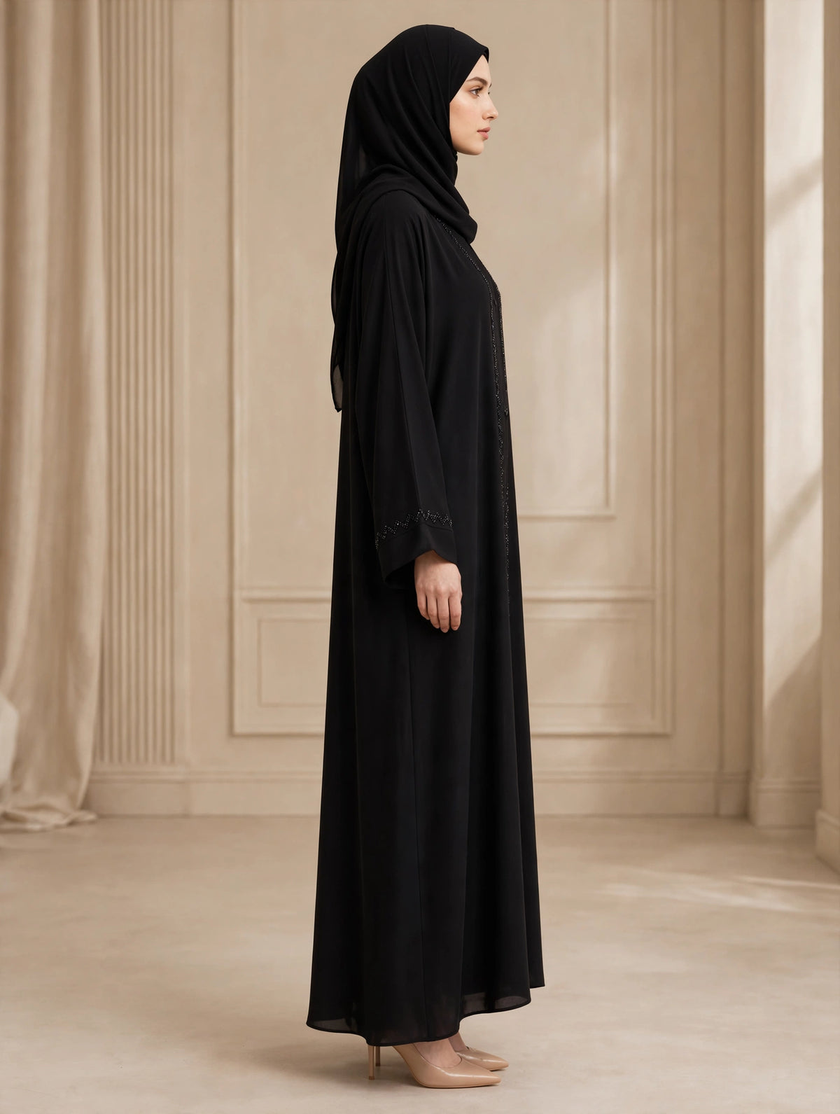 Black Open Abaya with Crystal Zigzag Front & Cuff Trim | Alvira