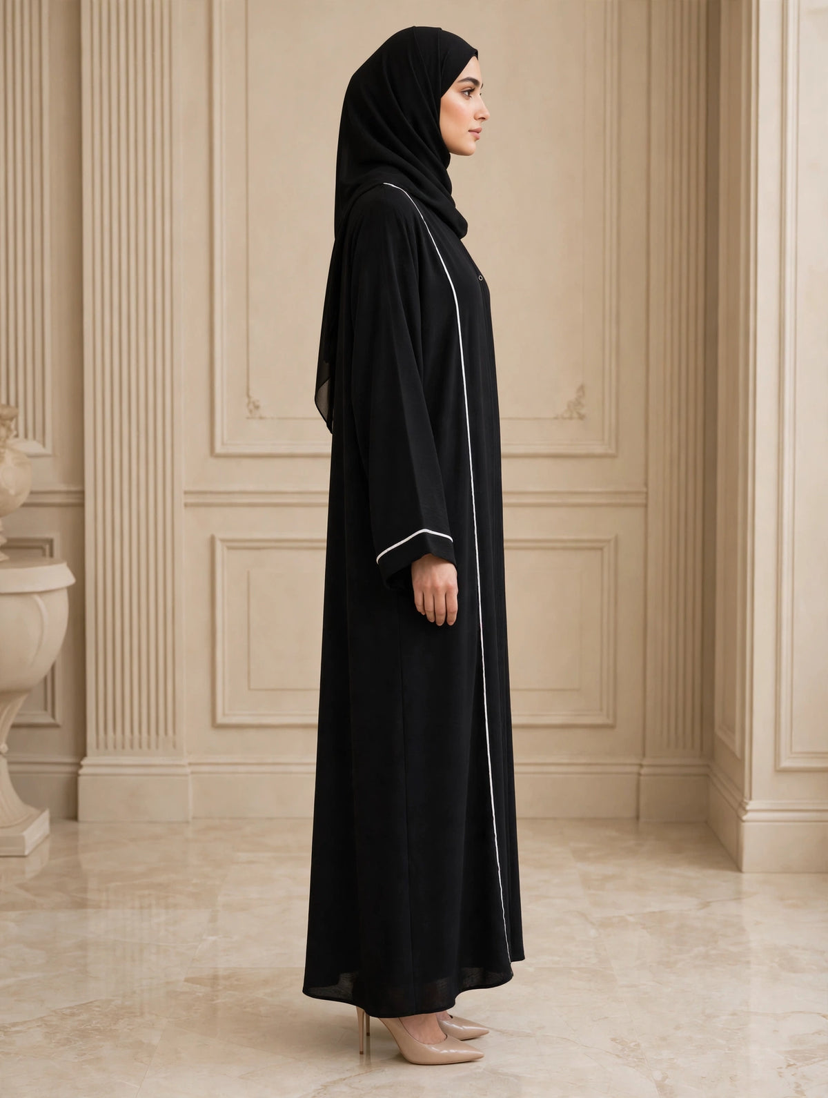 Black Open Abaya with White Piping Trim & Textured Fabric |  CY MIST