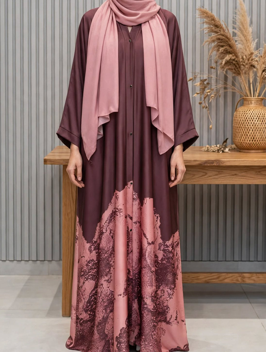 Printed Hem Satin Abaya - Amber A